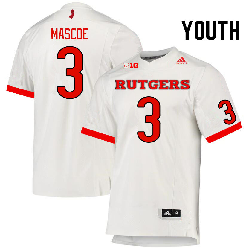 Youth #3 Bo Mascoe Rutgers Scarlet Knights College Football Jerseys Stitched Sale-White - Click Image to Close